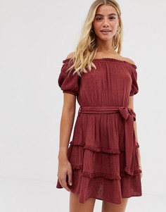 Красное платье мини с открытыми плечами и завязкой на талии Miss Selfridge-Красный