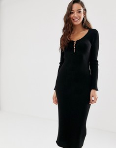 Платье миди в рубчик с овальным вырезом и пуговицами ASOS DESIGN-Черный