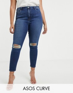 Темно-синие выбеленные зауженные джинсы с рваными коленями ASOS DESIGN Curve Ridley-Синий