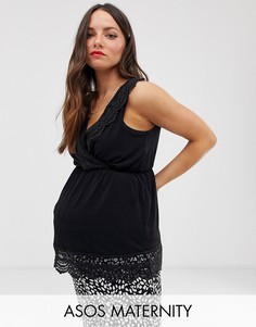 Черный топ для кормления с баской и ажурной отделкой ASOS DESIGN Maternity