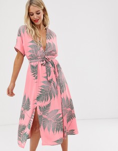 Чайное платье миди с завязкой и пальмовым принтом Glamorous-Розовый