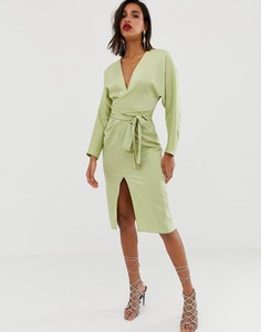 Атласное платье миди с запахом и рукавами \летучая мышь\" ASOS DESIGN-Зеленый