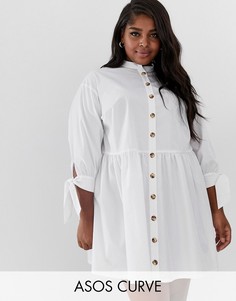 Свободное платье мини на пуговицах с завязками на рукавах ASOS DESIGN Curve-Белый