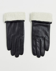 Черные кожаные перчатки для сенсорных экранов с отделкой из искусственного меха ASOS DESIGN-Черный