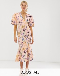 Платье миди с пышными рукавами, отделочными швами и цветочным принтом ASOS DESIGN Tall-Мульти