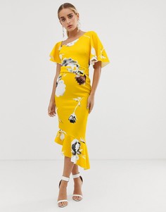 Платье миди на одно плечо с цветочным принтом и оборками ASOS DESIGN-Мульти
