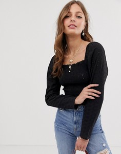 Лонгслив с присборенным лифом, квадратным вырезом и вышивкой ришелье ASOS DESIGN-Черный