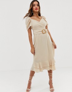 Платье миди с запахом и поясом ASOS DESIGN-Кремовый