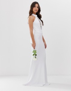 Свадебное платье макси с халтером, кружевными элементами и подолом годе City Goddess-Белый