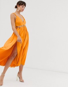 Платье миди из мягкого мятого шифона с вырезами ASOS DESIGN-Коричневый