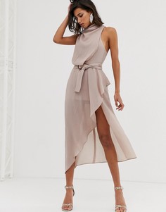 Фактурное платье миди с завязывающимся поясом ASOS DESIGN-Бежевый