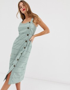 Сарафан миди на пуговицах с вышивкой ASOS DESIGN-Зеленый