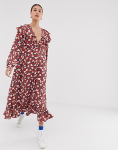 Oversize-платье миди с цветочным принтом и с оборками на рукавах и по краю Ghospell-Красный