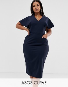 Платье-футляр миди с рукавами-оборками ASOS DESIGN Curve-Темно-синий