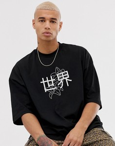 Свободная футболка со стразами и иероглифами ASOS DESIGN-Черный