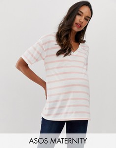 Футболка в полоску с добавлением льна и V-образным вырезом ASOS DESIGN Maternity-Мульти