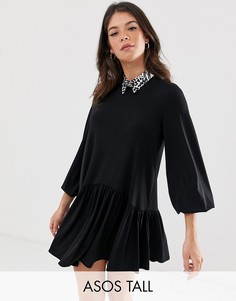 Свободное платье мини с леопардовым узором на воротнике ASOS DESIGN Tall-Черный
