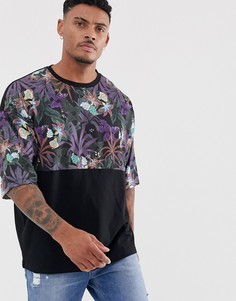 Oversize-футболка колор блок с контрастным цветочным принтом на вставке ASOS DESIGN-Черный