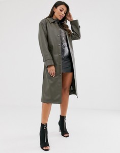 Тренч цвета хаки из искусственной кожи ASOS DESIGN-Зеленый