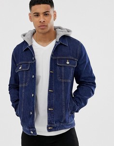 Темная джинсовая куртка с трикотажным капюшоном ASOS DESIGN-Синий