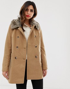 Шерстяное пальто с отделкой из искусственного меха Vila-Светло-коричневый