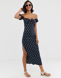 Сарафан макси в горошек с открытыми плечами и пышными рукавами ASOS DESIGN-Мульти