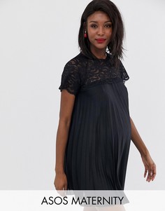 Свободное платье мини с кружевом и плиссировкой ASOS DESIGN Maternity-Черный