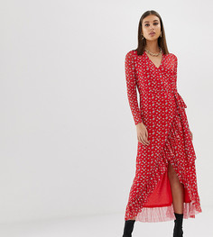 Красное платье с запахом, цветочным принтом и оборкой Na-kd-Красный