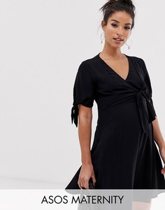 Приталеное платье мини с запахом и завязками на рукавах ASOS DESIGN Maternity-Черный