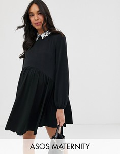 Свободное платье мини с воротником с леопардовым принтом ASOS DESIGN Maternity-Черный