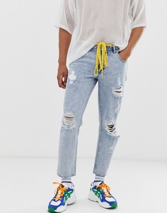Выбеленные классические джинсы с рваной отделкой и поясом-шнурком ASOS DESIGN-Синий