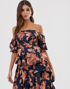 Топ с открытыми плечами, цветочным принтом и драпировкой сбоку ASOS EDITION-Мульти