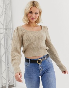 Вязаный джемпер с овальным вырезом и пышными рукавами ASOS DESIGN-Светло-бежевый