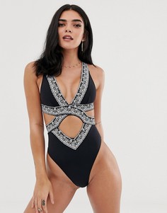 Черный слитный купальник с контрастным принтом и вырезами River Island