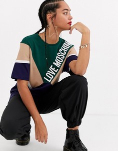 Футболка в стиле ретро с логотипом и шевронной отделкой Love Moschino-Темно-синий