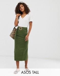 Джинсовая юбка миди цвета хаки с поясом ASOS DESIGN Tall-Мульти