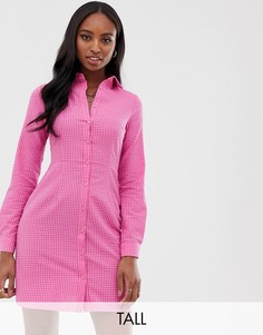 Платье-рубашка в клетку с длинными рукавами Glamorous Tall-Розовый