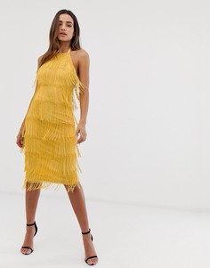 Платье миди с халтером и бахромой с отделкой ASOS DESIGN-Желтый