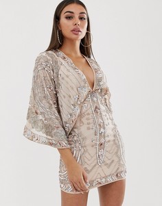 Платье мини с рукавами кимоно, кейпом и отделкой ASOS DESIGN-Коричневый