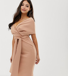 Платье-футляр миди с открытыми плечами и поясом ASOS DESIGN Petite-Черный
