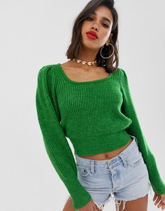 Вязаный джемпер с овальным вырезом и пышными рукавами ASOS DESIGN-Зеленый