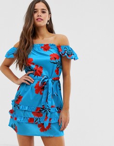 Платье с цветочным принтом, открытыми плечами и поясом Parisian-Синий