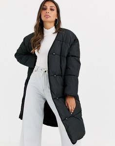 Черное дутое пальто без воротника ASOS DESIGN-Черный