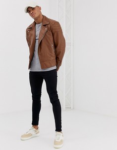 Светло-коричневая кожаная байкерская куртка ASOS DESIGN-Светло-коричневый