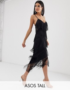 Сетчатое облегающее платье миди с бахромой и бретельками ASOS DESIGN Tall-Черный