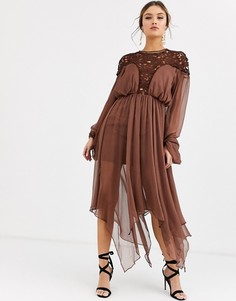 Платье миди с пышными рукавами и кружевом на лифе ASOS DESIGN-Коричневый