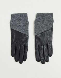 Черные/серые кожаные перчатки для сенсорных экранов с манжетами в рубчик ASOS DESIGN-Черный