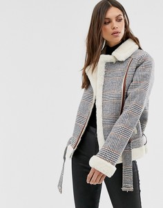 Пальто в клетку с отделкой из искусственной овчины Fashion Union-Серый