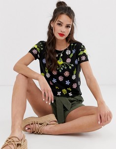 Черная футболка с цветочной вышивкой Miss Selfridge-Черный