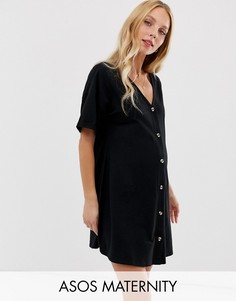 Меланжевое свободное платье мини на пуговицах ASOS DESIGN Maternity-Черный